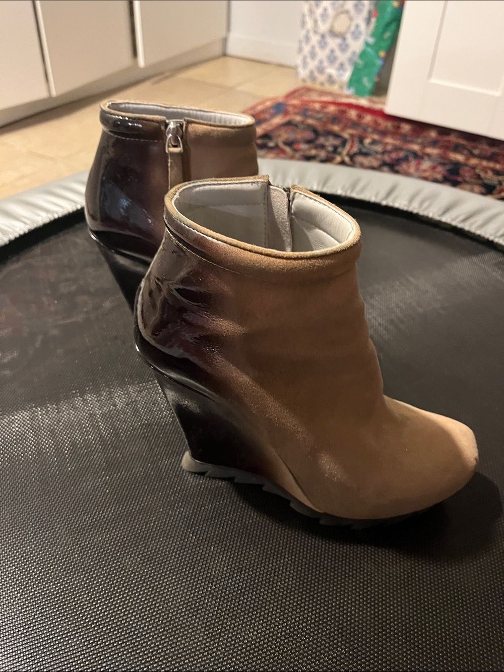 Women’s Wedge Ankle Boots in Brown Suede and Patent
